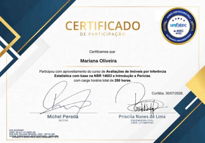 Modelo do certificado de participação FPQL com nome fictício Mariana Oliveira, carga horária de 200 horas e selo UniFatec