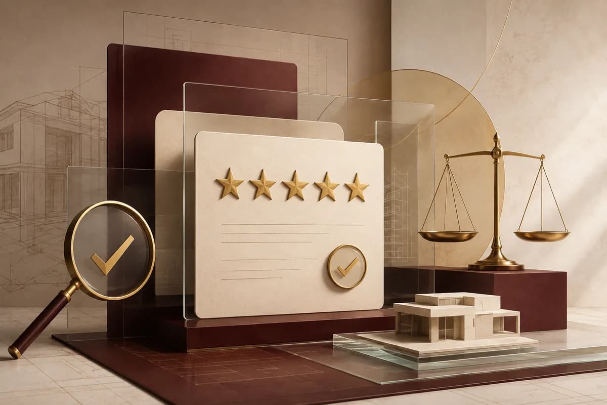 Composição editorial sobre avaliações públicas, com cinco estrelas, selo de verificação e balança